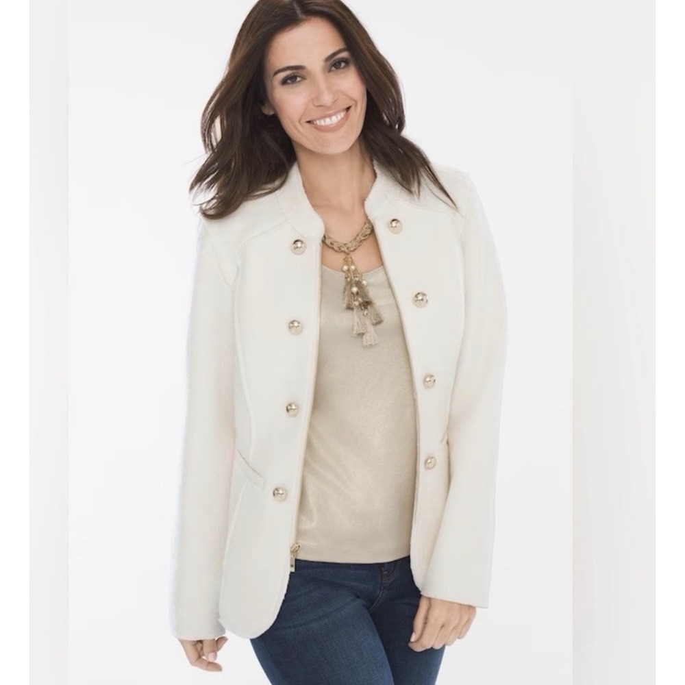 CHICO'S Large Ivory Military Jacket Boiled Wool Luxury Preppy Old Money Gold